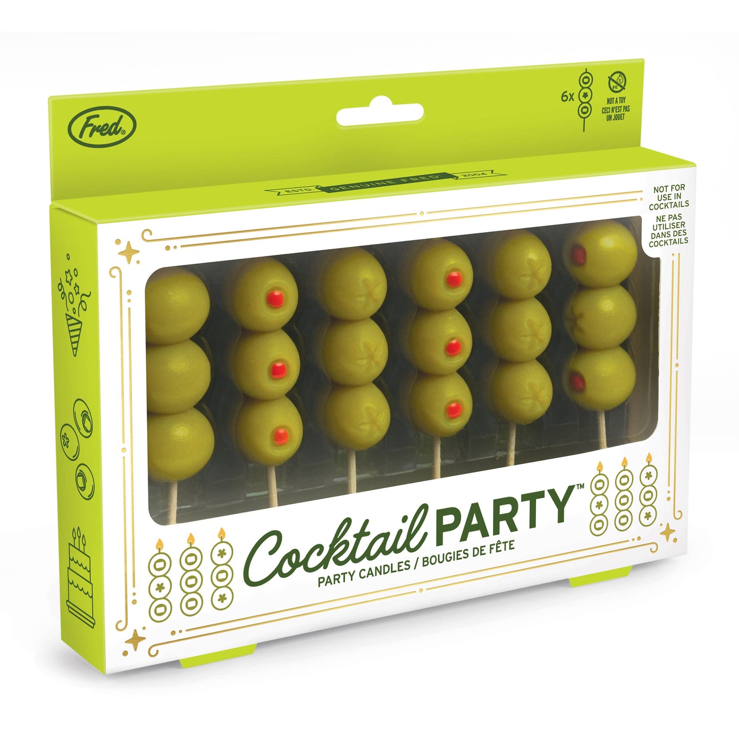 Box of 'Cocktail Party' party candles with green olives on sticks, brand 'Fred' visible.
