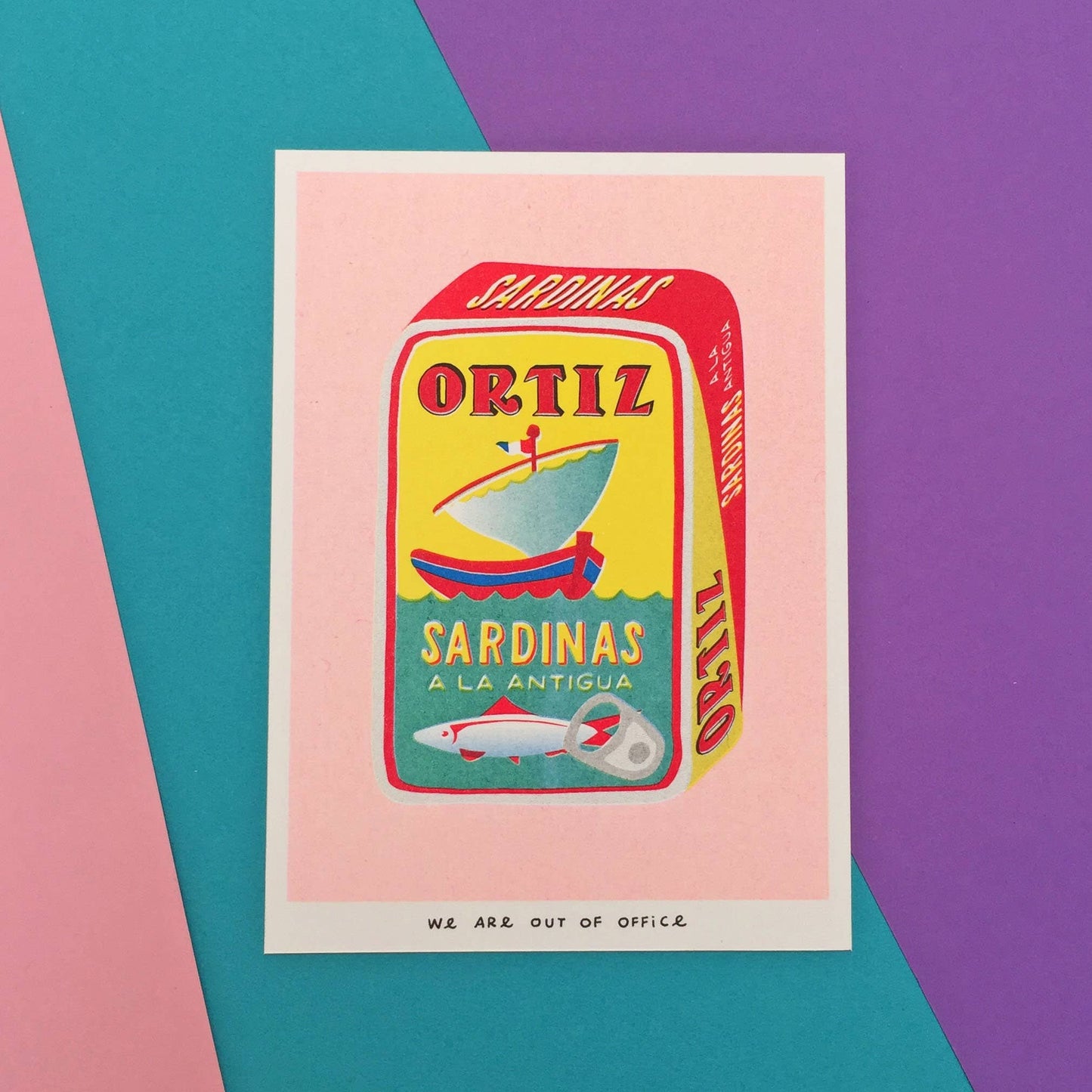Illustration of a vintage-style sardine can label on a colorful geometric background
