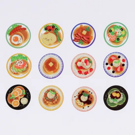 Washi stickers shaped like pancake themed breakfast plates - 12 different designs.