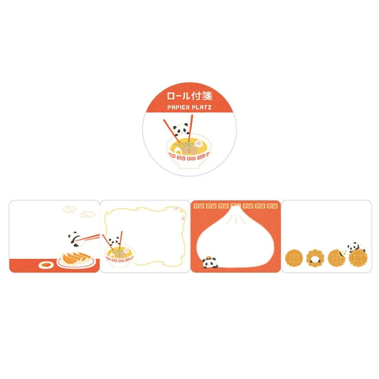 Four different designs in the roll of sticky notes. All feature a panda and various Asian cuisine such as dumplings, ramen and fried rice