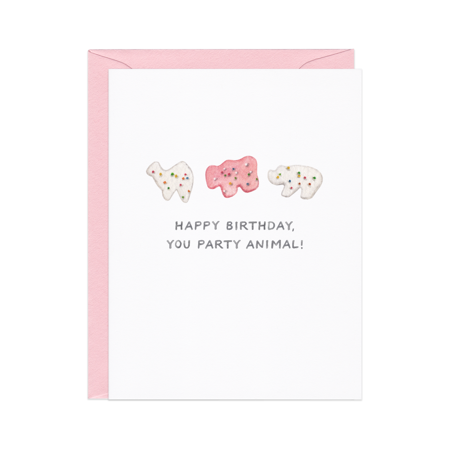 Greeting Card with text "Happy Birthday You Party Animal!" and image of 2 white and 1 pink animal-shaped crackers with sprinkles.