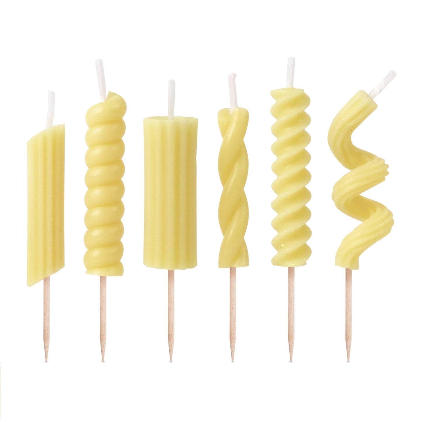 Realistic pasta shape candles on picks.