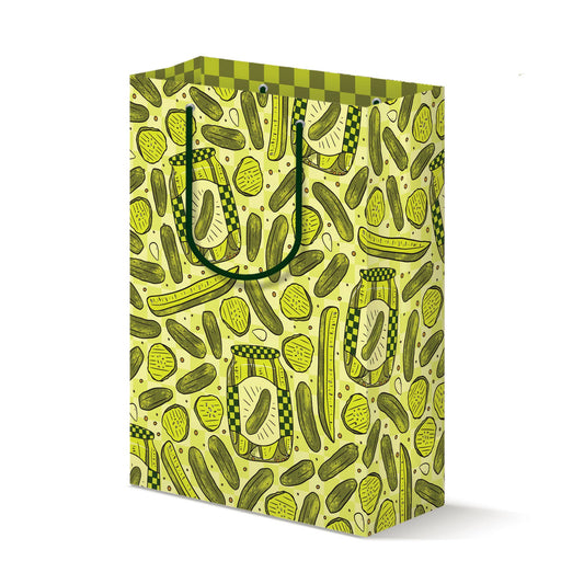 Gift bag with pickle pattern on a white background