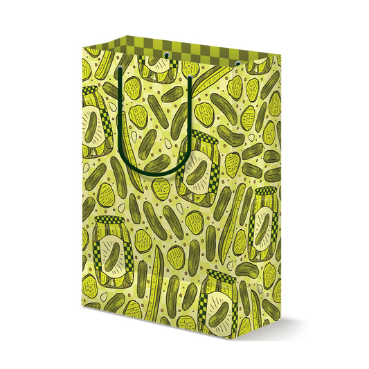 Gift bag with pickle pattern on a white background
