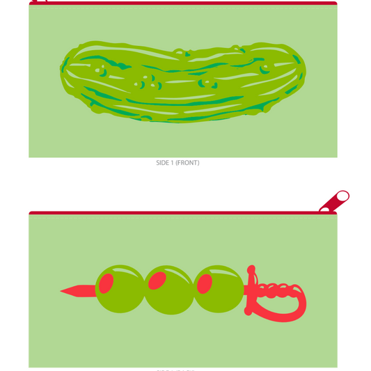 Two green zipper pouches with pickle and olive designs on a white background
