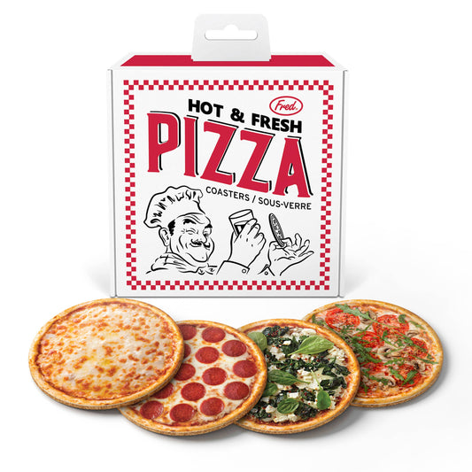 Pizza box with 4 different coasters that look like Pizzas: cheese, pepperoni, spinach feta, and tomato mustroom.