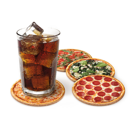 Soda on a coster. 4 different coasters that look like Pizzas: cheese, pepperoni, spinach feta, and tomato mustroom.