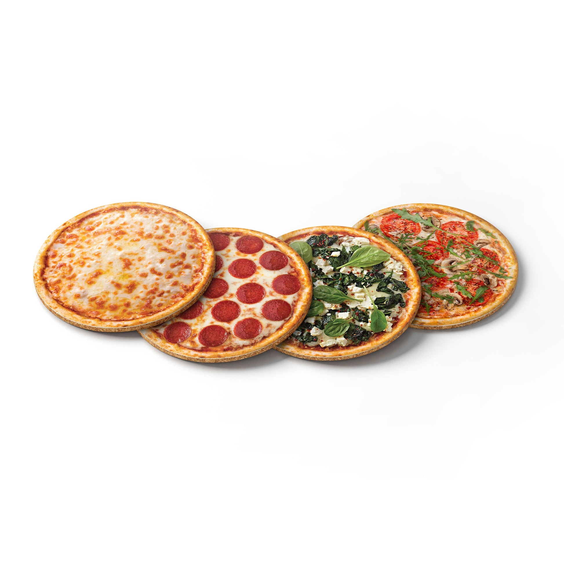 4 different coasters that look like Pizzas: cheese, pepperoni, spinach feta, and tomato mustroom.