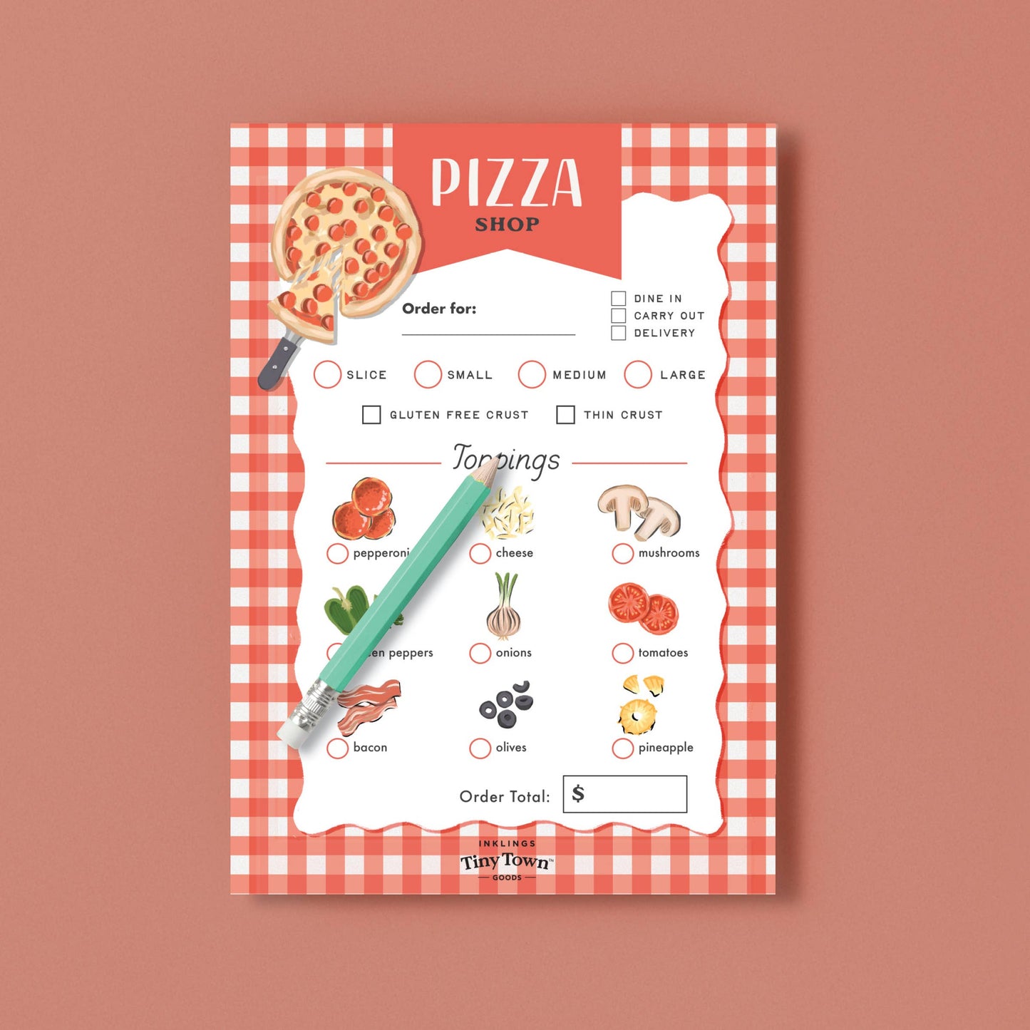 Pizza ordering sheet pretend play notepad with toppings and a pen on a white background