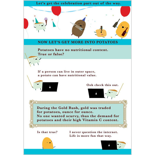 Cartoon-style educational poster about potatoes with humorous text and graphics.
