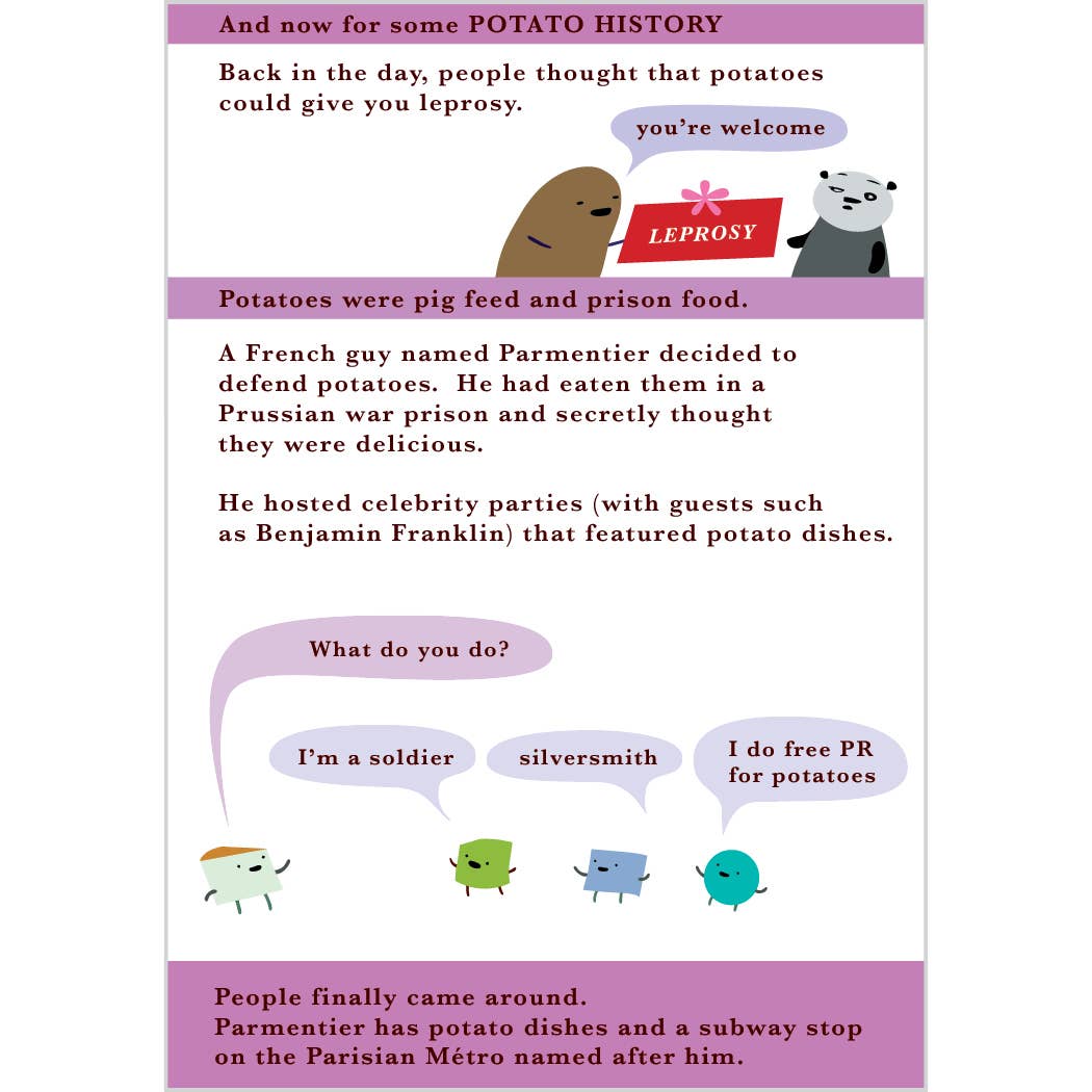 Comic strip with potato character explaining history of potatoes and Parmentier's role.