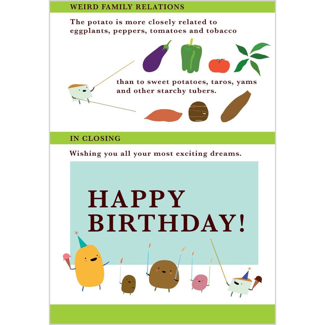Birthday card with cartoon vegetables and text about potato family relations.