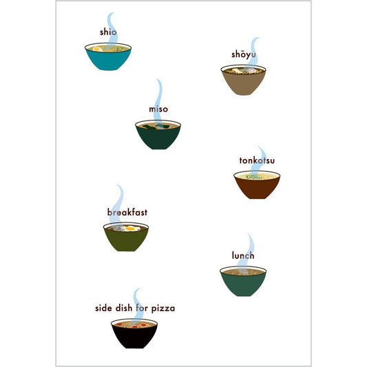 Illustration of various bowls with different food items and labels on a white background