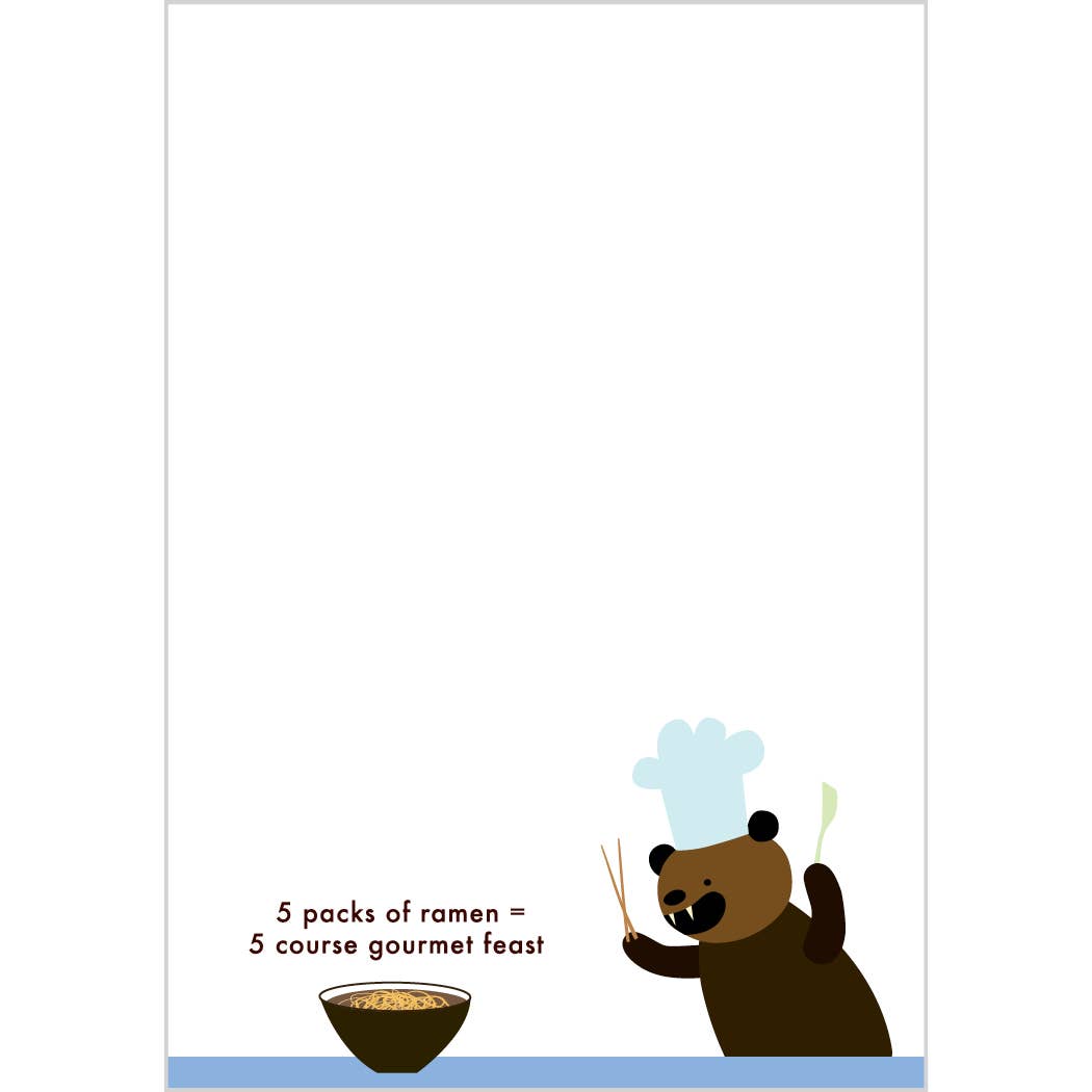 Cartoon bear in a chef's hat with a bowl of ramen and text on a white background