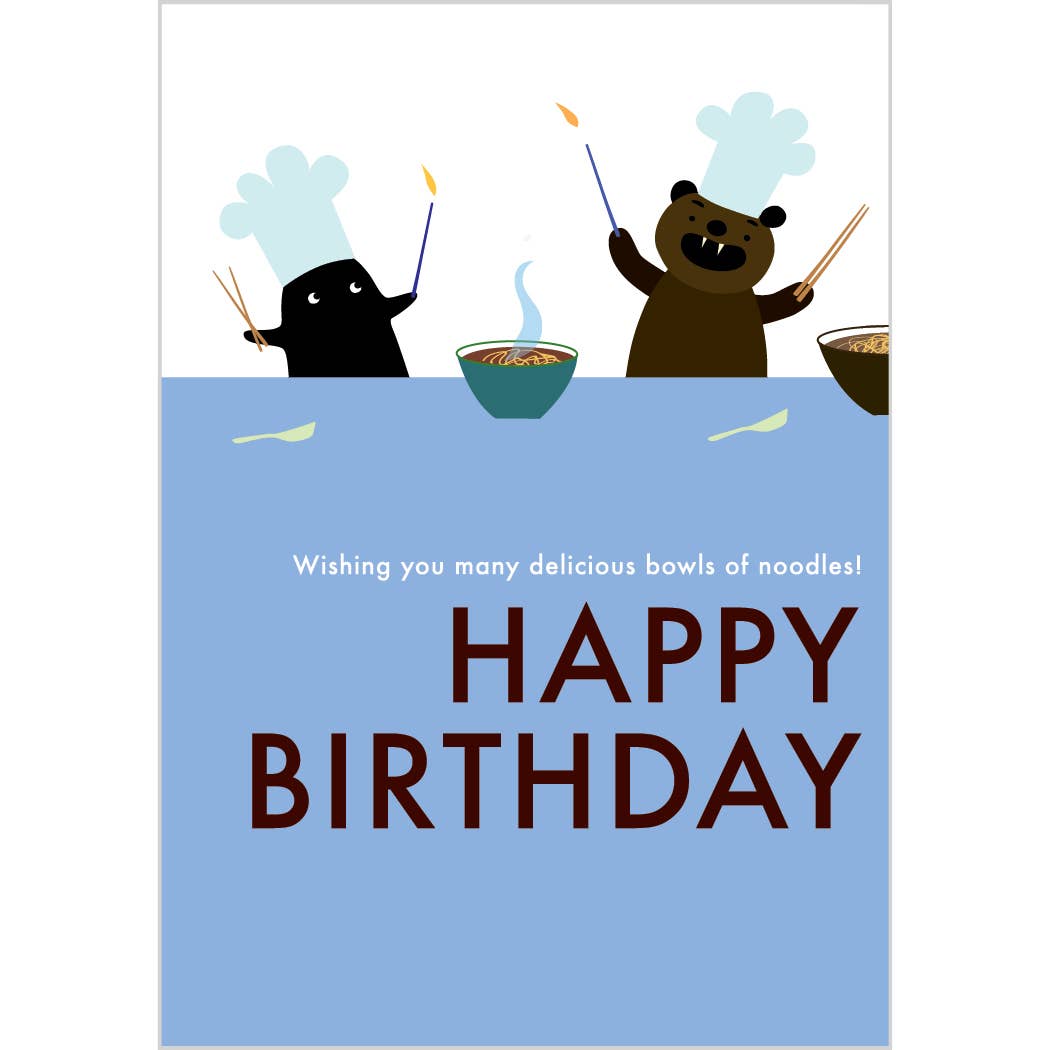 Birthday card with cartoon characters cooking noodles and text 'Happy Birthday'.