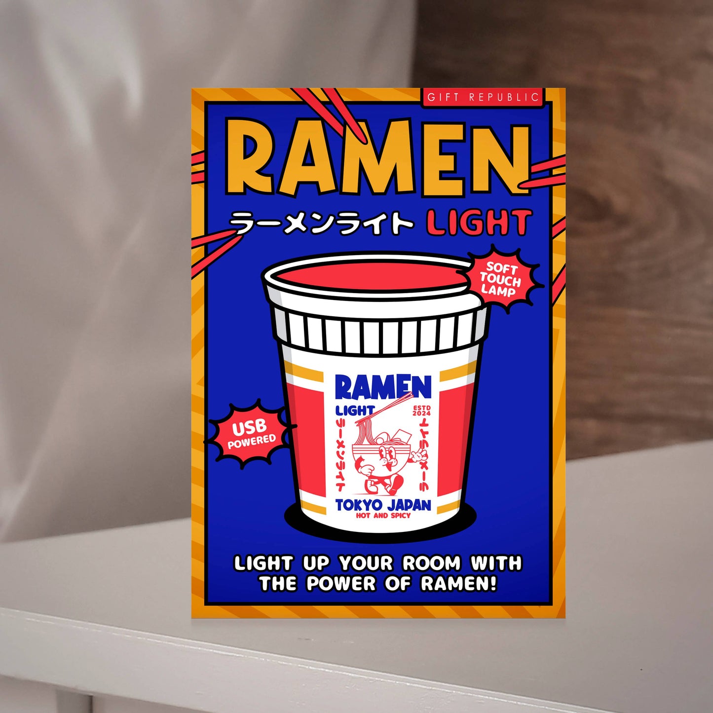 Promotional poster for a USB-powered ramen light on a wooden surface.