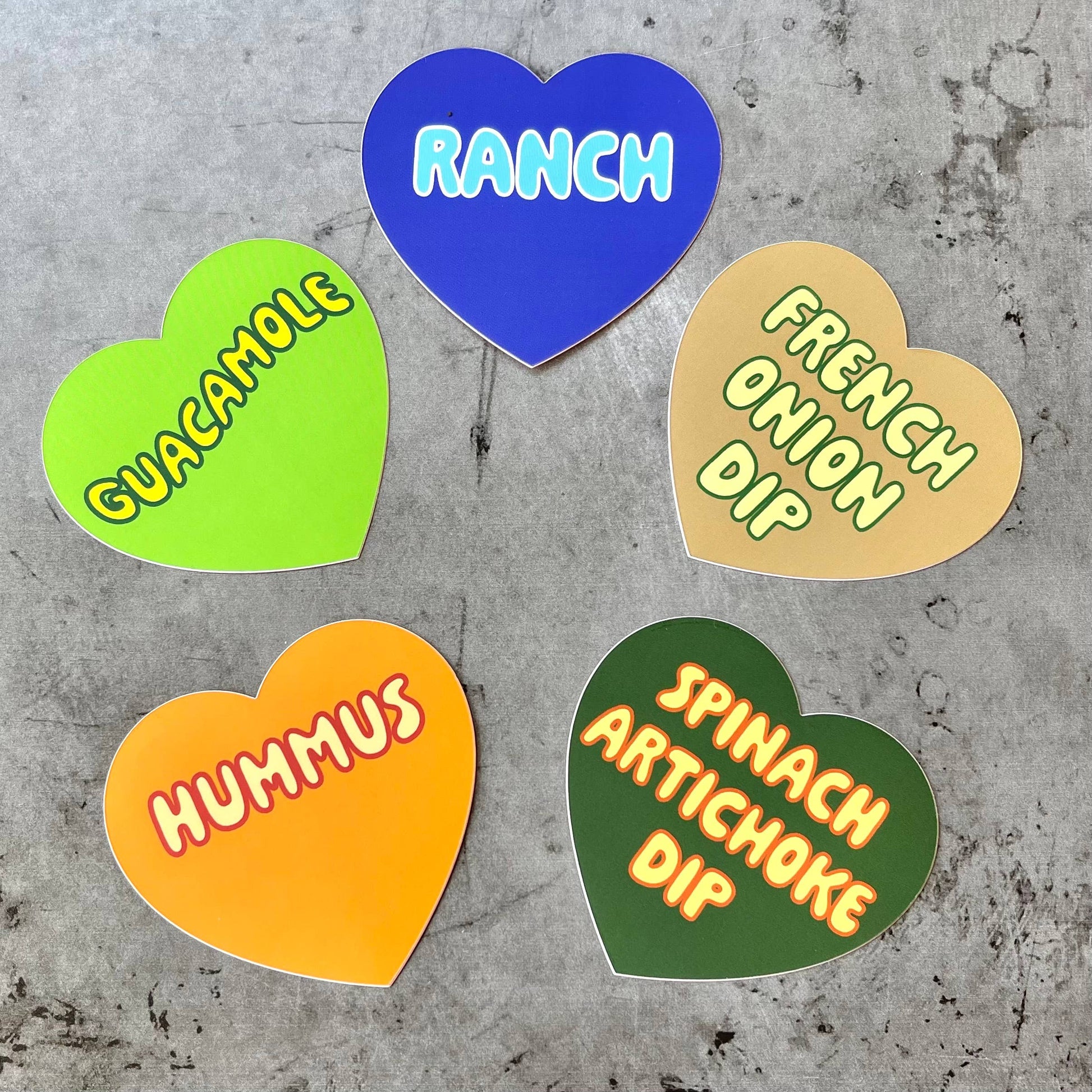 Ranch Sticker shown with other heart-shaped dip stickers.