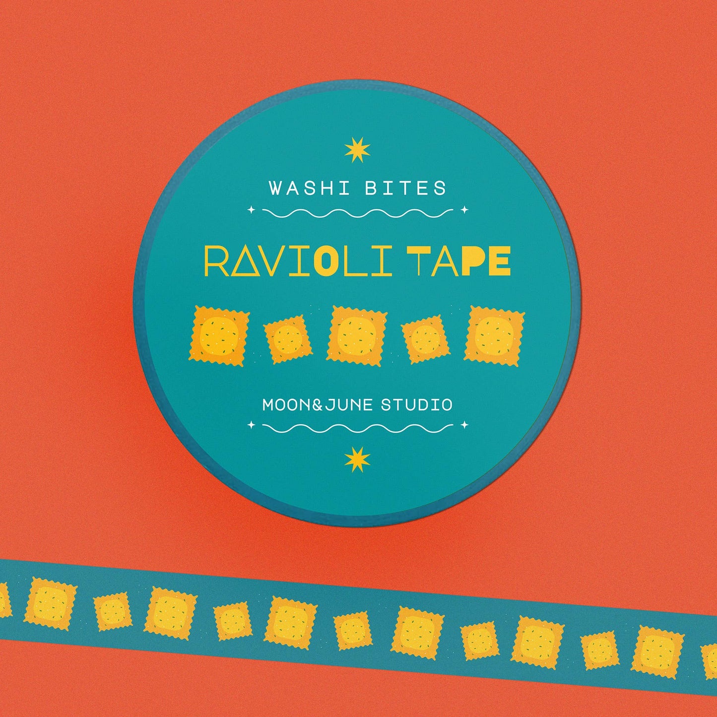 teal background washi tape with yellow ravioli design