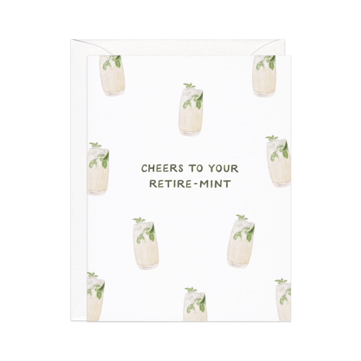 Greeting card with cocktail illustration and text 'Cheers to your retire-mint' on a white background