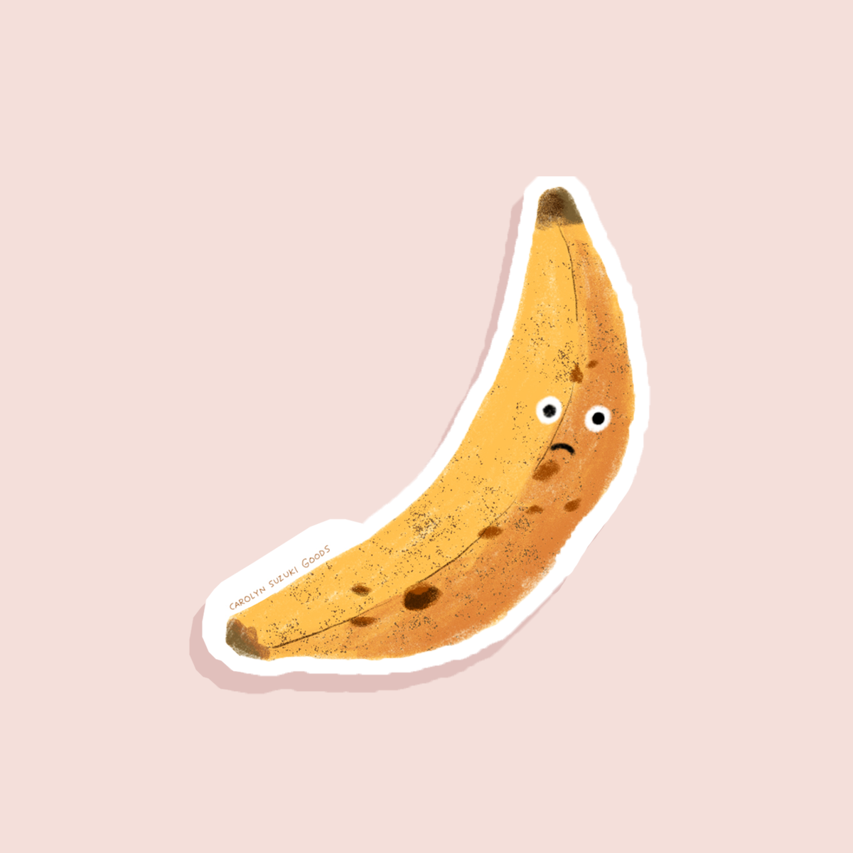 Sticker of a brown/bruised banana with a sad face on a light background