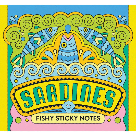 Colorful packaging of 'Sardines Fishy Sticky Notes' with decorative design.