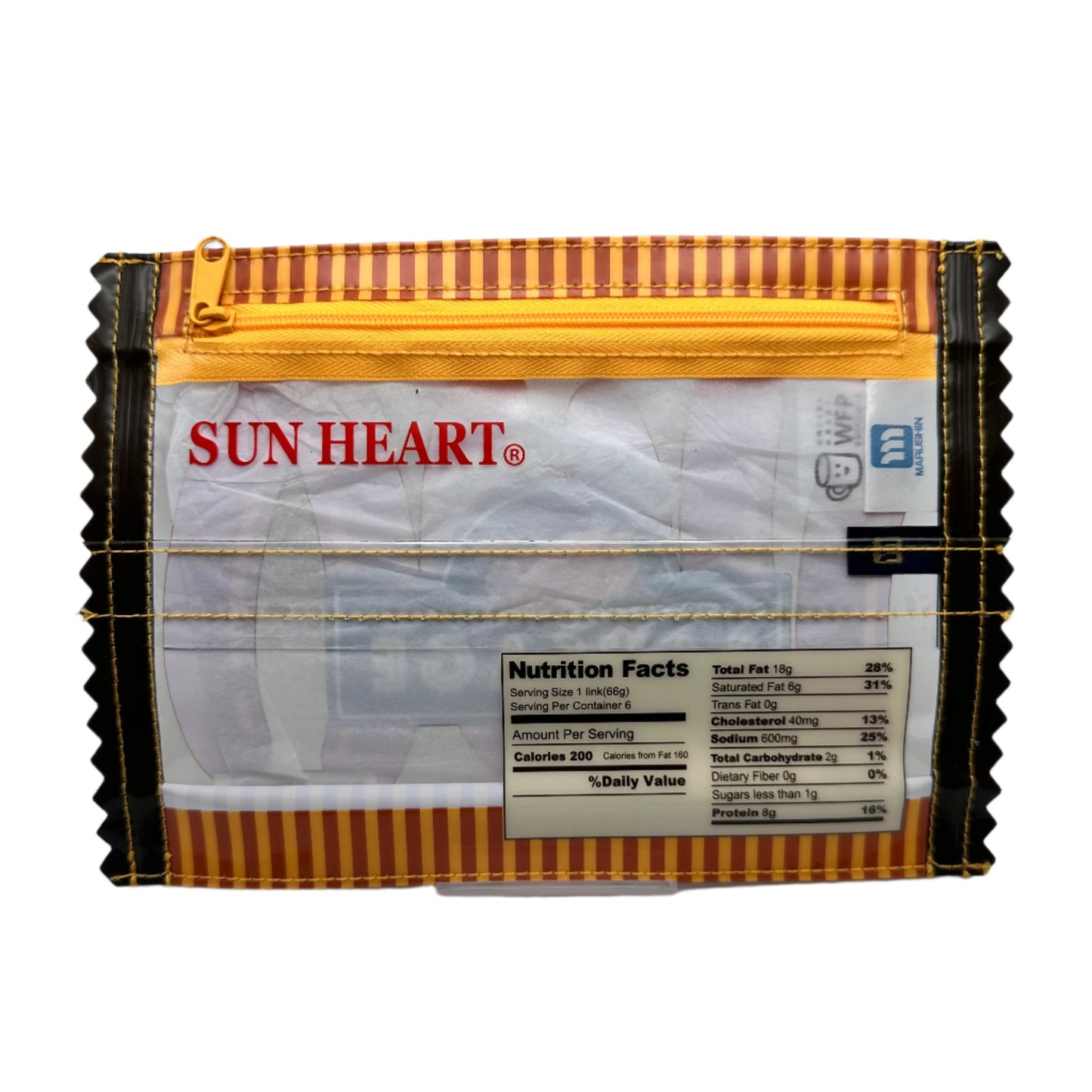 Back side of Sausage Pouch to show zipper detailing and fake nutrition facts.