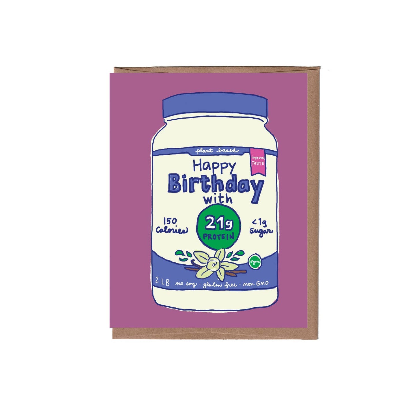 Greeting card with an illustration of a jar of vanilla protein powder on it and text that says "happy birthday with a 21g protein"