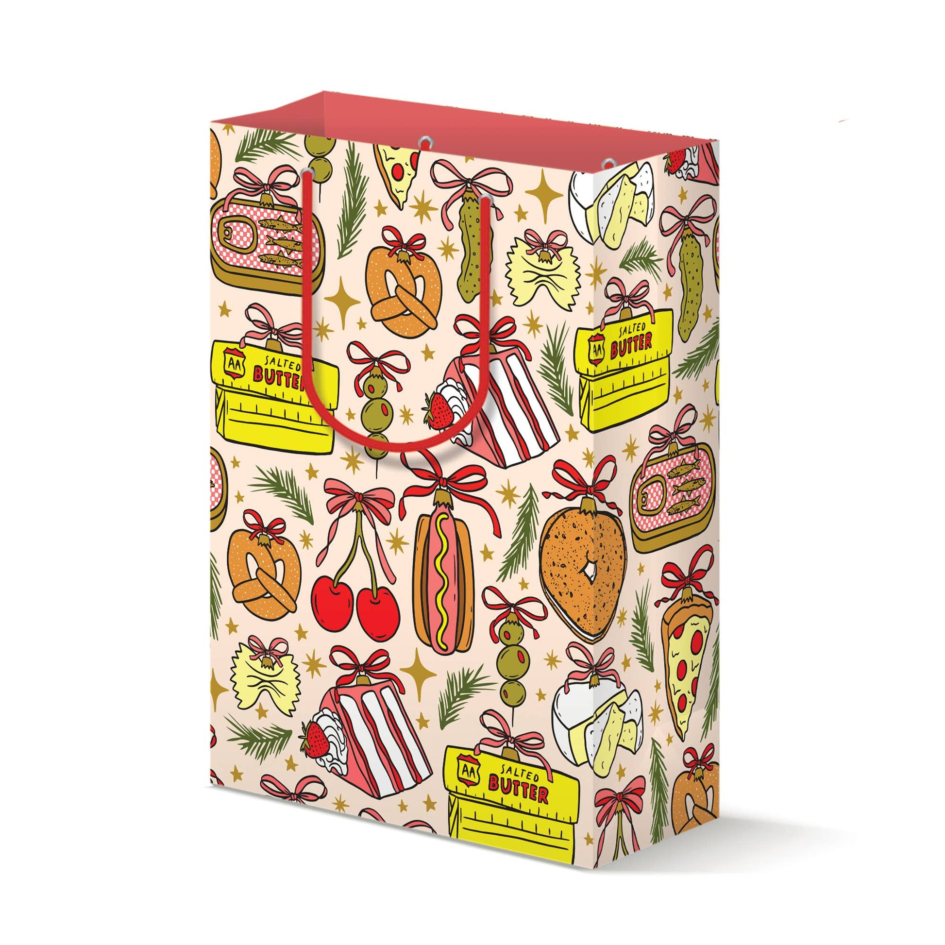 Gift bag with food-themed design on a white background