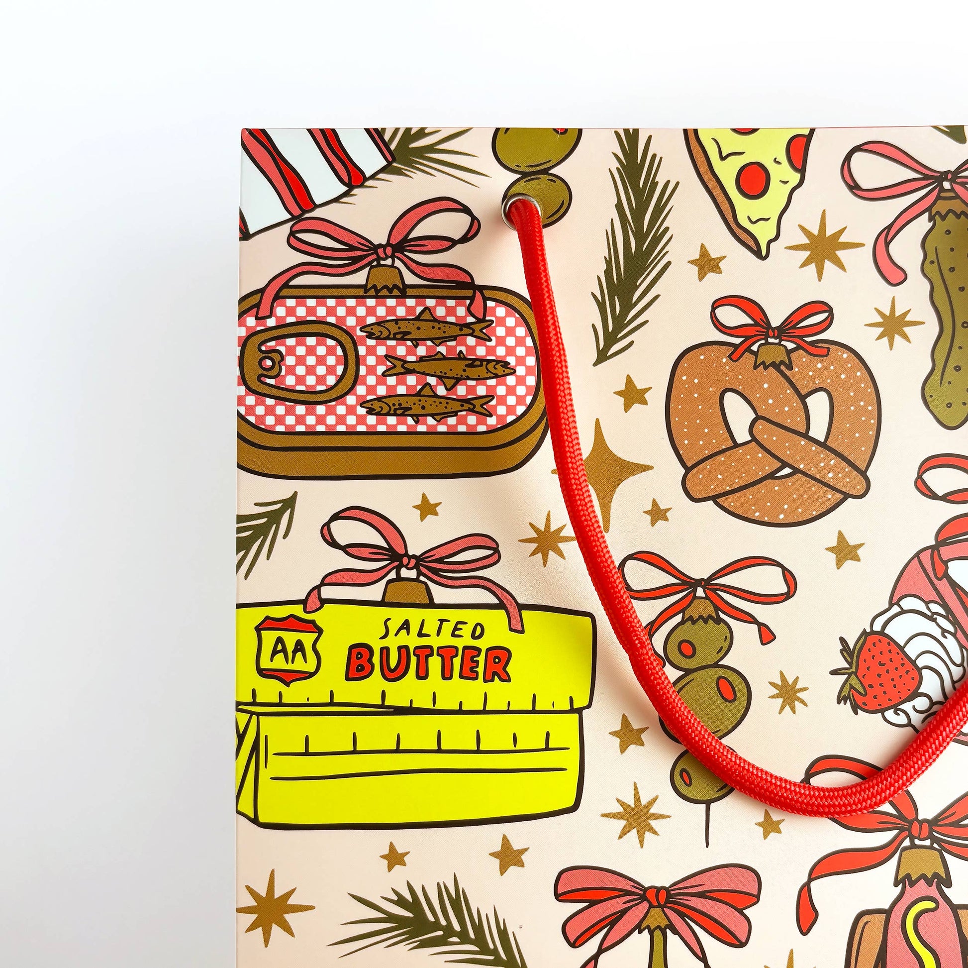 Illustrated pattern with various food items and festive elements on a beige background