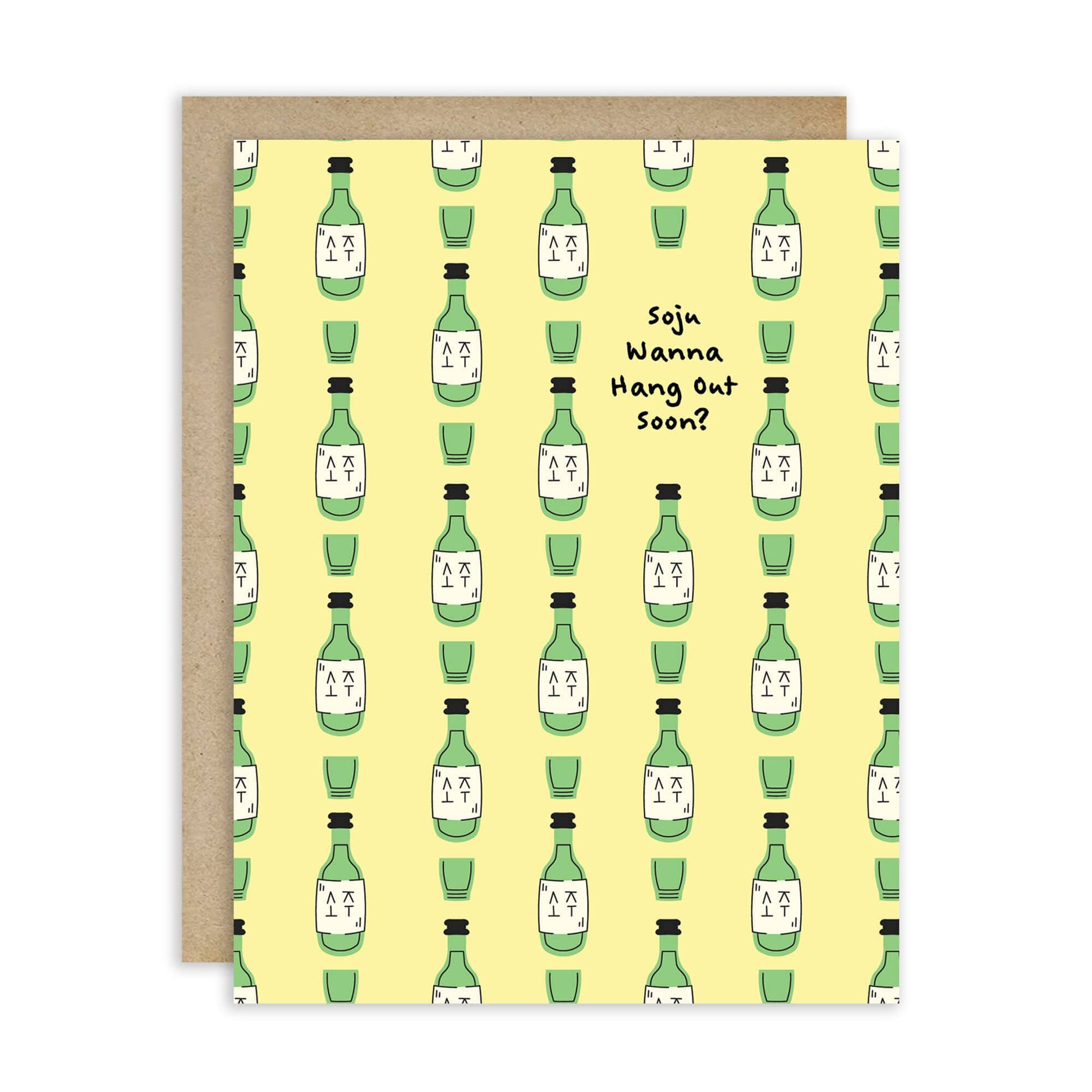 Greeting card with green bottle pattern and text on a yellow background
