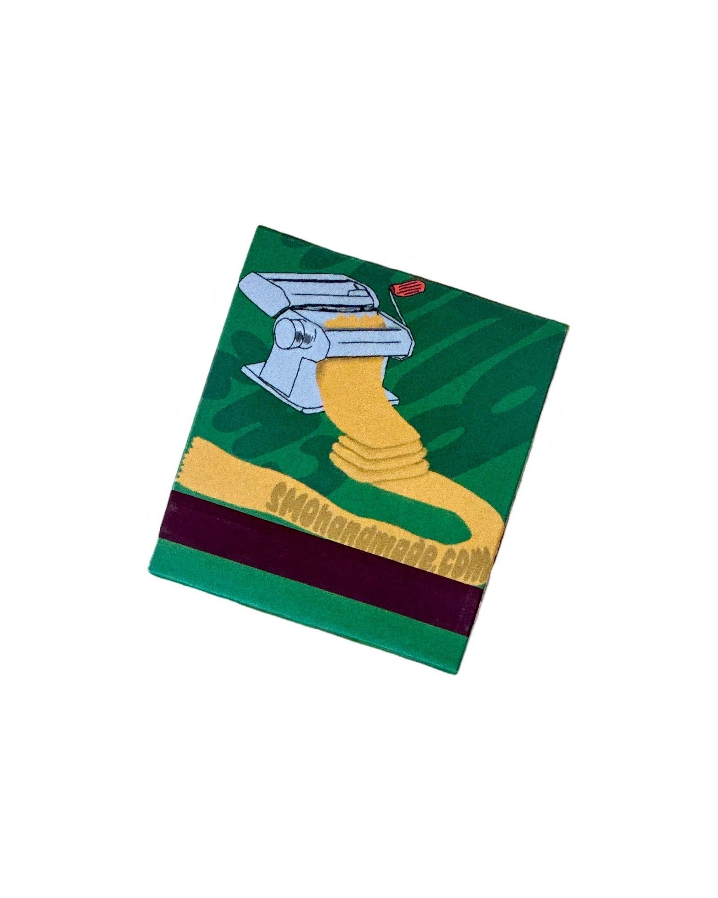 Photo of exterior (back): Spaghetti themed matchbook. Green background with image of metal pasta rolling machine rolling out a long sheet of dough.