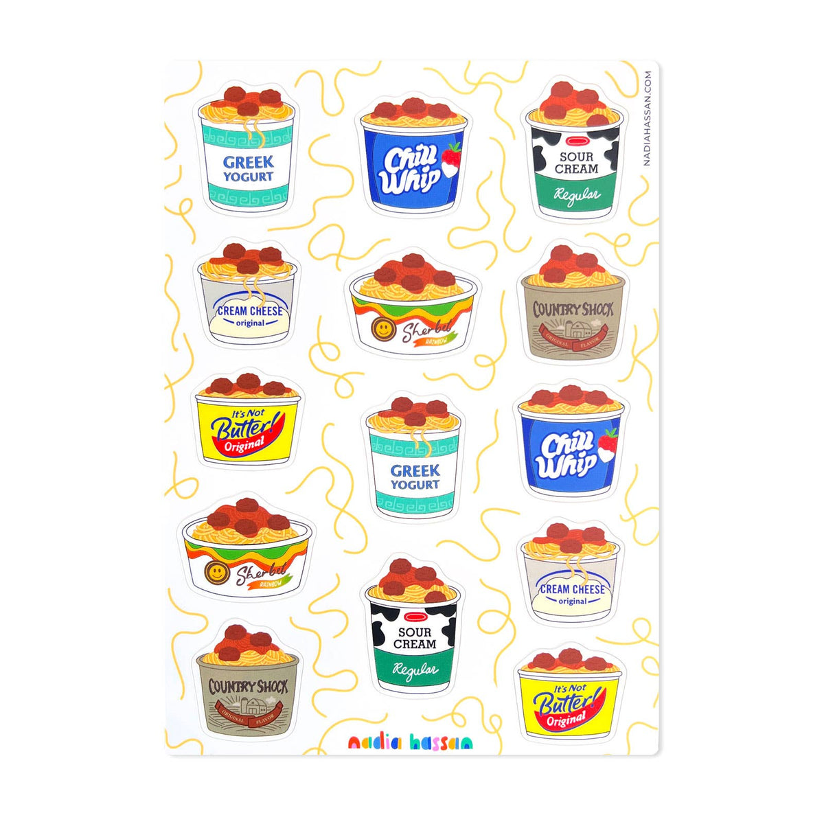 A sheet of decorative stickers featuring cartoon plastic containers with leftover spaghetti and playful labels such as Greek Yogurt, Sour Whip, Cream Cheese, Butter Yogurt, and Country Sack, on a white background with light yellow doodle lines.