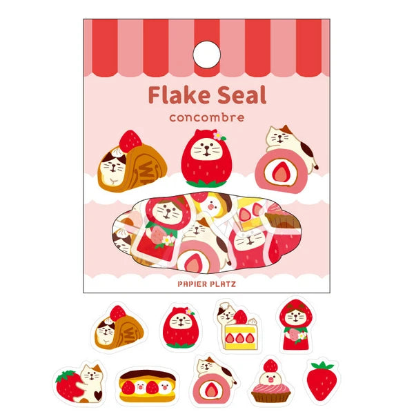 Pack of decorative washi stickers. Each has a cute design of cats wrapped up in different strawberry desserts