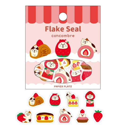 Pack of decorative washi stickers. Each has a cute design of cats wrapped up in different strawberry desserts
