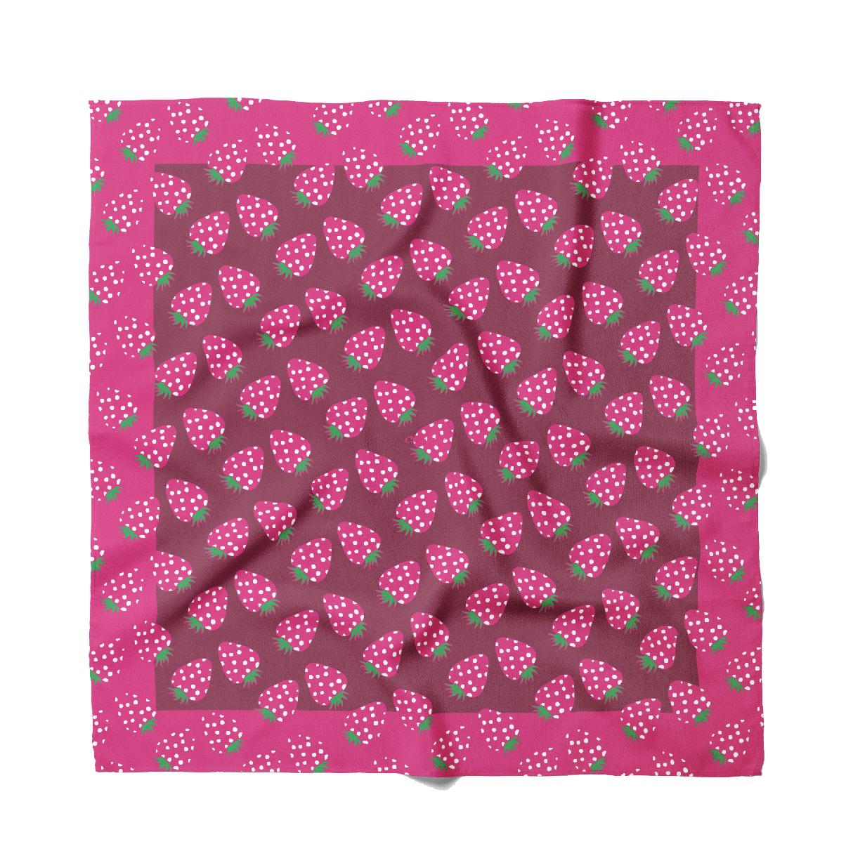 Strawberry patterened bandana with fushia, brown and pink.