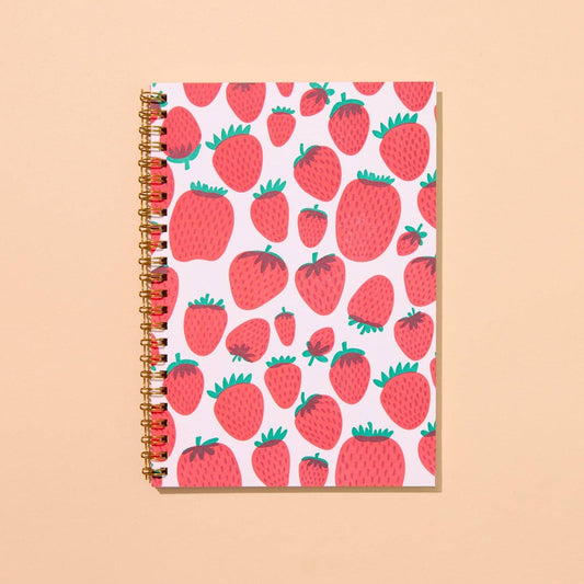 Strawberry Notebook with spiral bound spine.