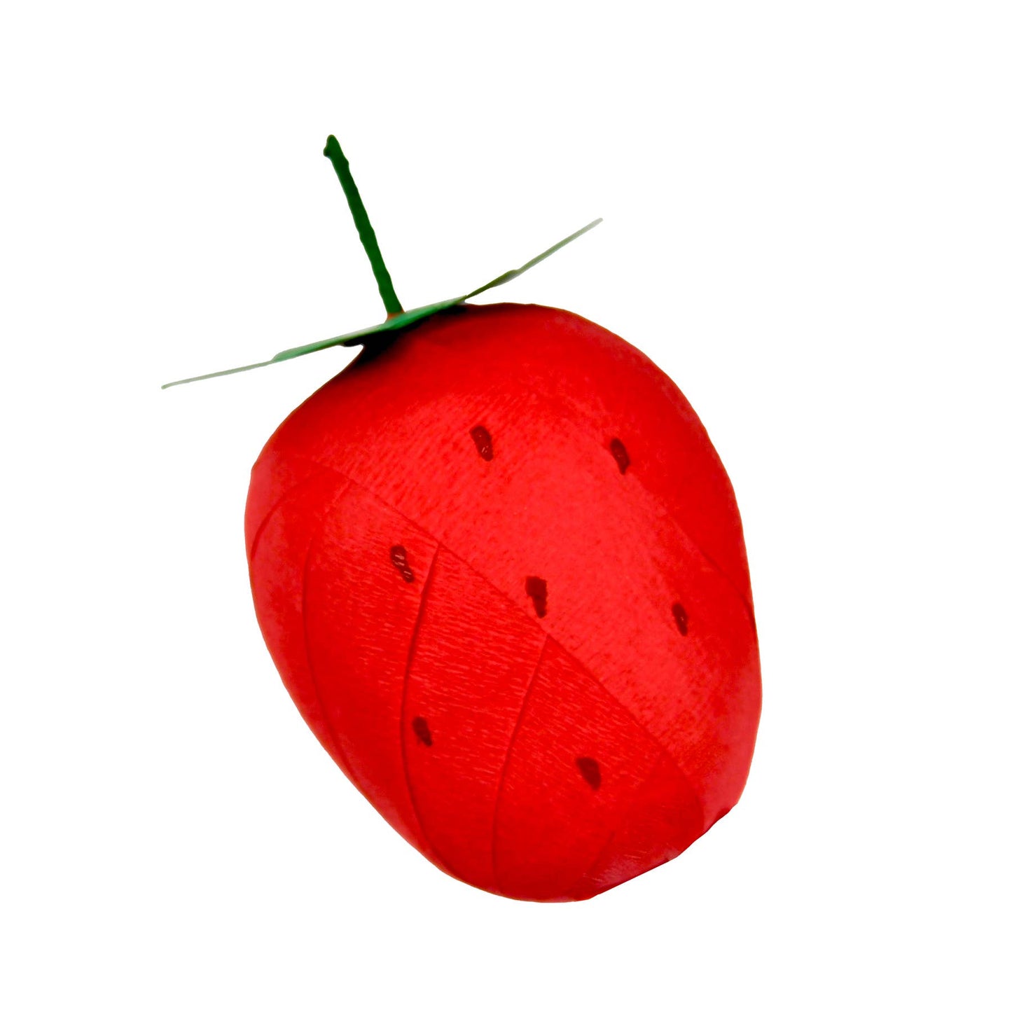 A crepe paper wrapped surprise ball made to look like a strawberry