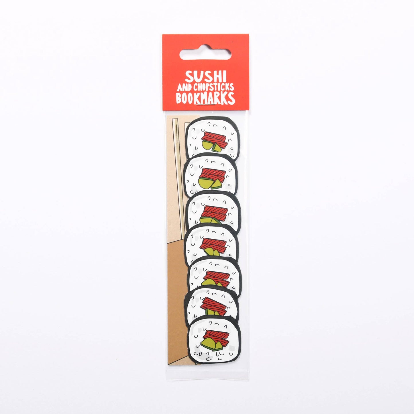 Sushi roll and chopsticks bookmark in packaging