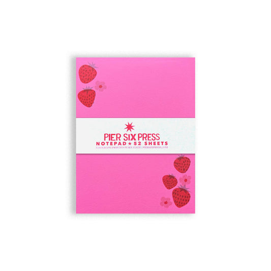 Pink notepad with strawberry designs and 'Pier Six Press' branding on a white background