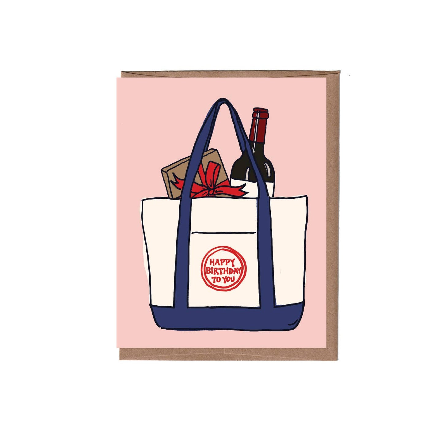 Birthday greeting card with an illustration of a blue trader joe's tote bag with a gift and wine bottle inside. Text says "happy birthday to you"