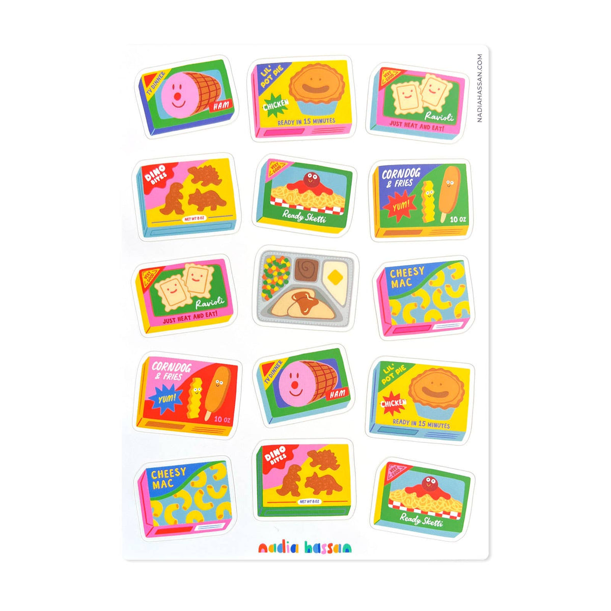 A sheet of colorful cartoon food-themed stickers arranged in a grid on a white background. The stickers feature illustrated meals and snacks with playful labels such as 'Cheese Mac,' 'Corn Dog,' and 'Pizza Slice.