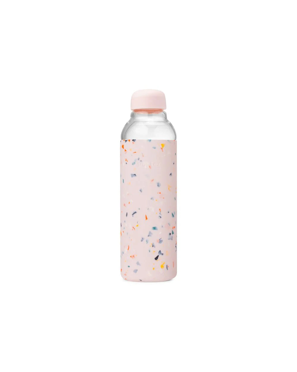 Glass reusable water bottle with terrazzo print silicone wrapped around for design and grip