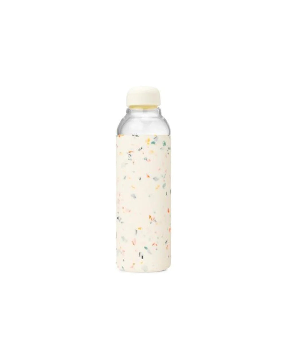 Glass reusable water bottle with terrazzo print silicone wrapped around for design and grip