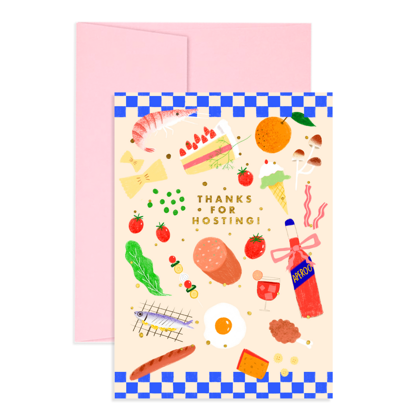 Note card that reads "Thanks For Hosting" in gold foil in the center. Surrounding images include various foods such as shrimp, pasta, cake, tomatoes, fish, bread, mushrooms, sweets and a cocktail.
