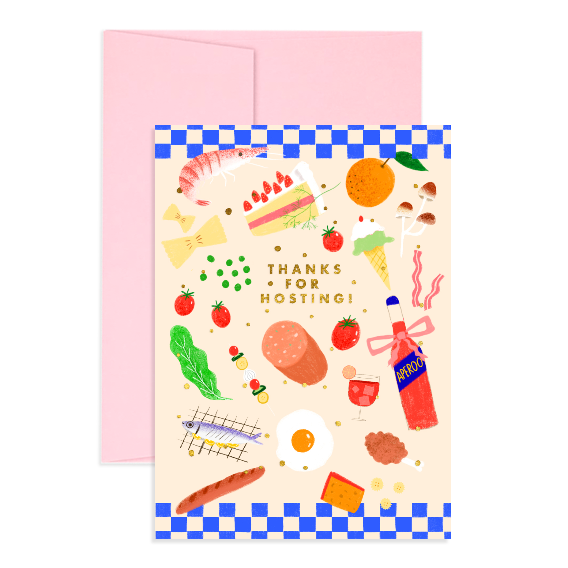 Note card that reads "Thanks For Hosting" in gold foil in the center. Surrounding images include various foods such as shrimp, pasta, cake, tomatoes, fish, bread, mushrooms, sweets and a cocktail.