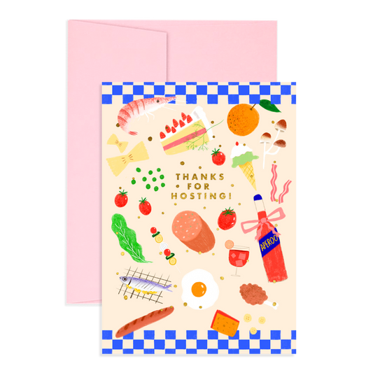 Note card that reads "Thanks For Hosting" in gold foil in the center. Surrounding images include various foods such as shrimp, pasta, cake, tomatoes, fish, bread, mushrooms, sweets and a cocktail.