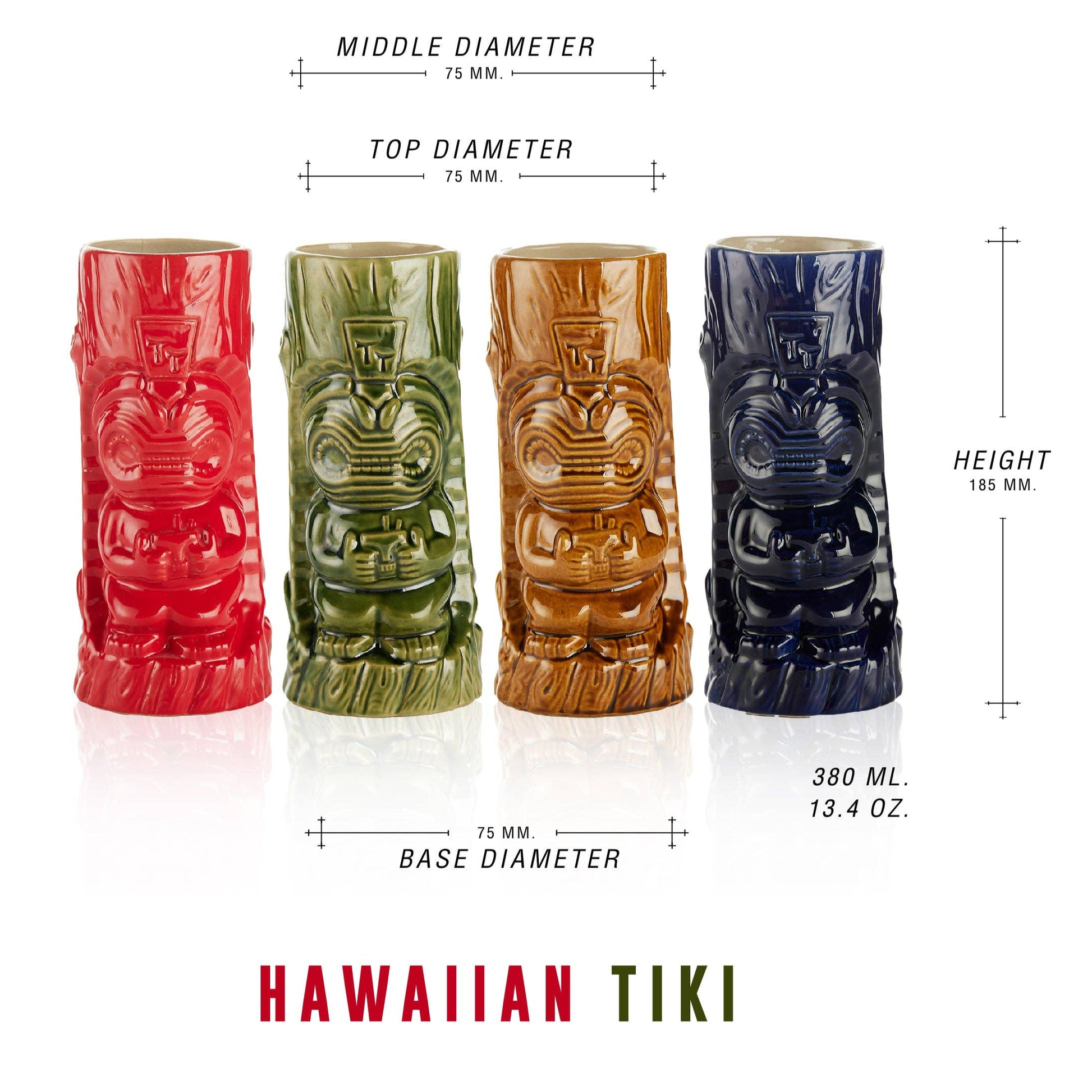 Four Hawaiian Tiki mugs in red, green, brown, and blue with measurements on a white background.