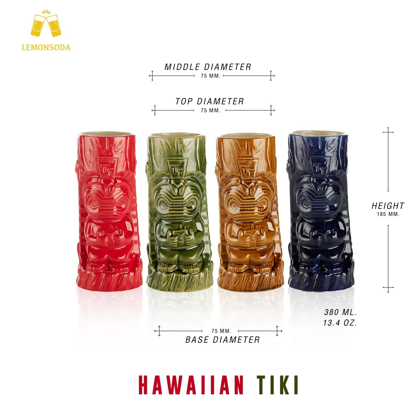 Four colorful Hawaiian Tiki mugs with measurements on a white background