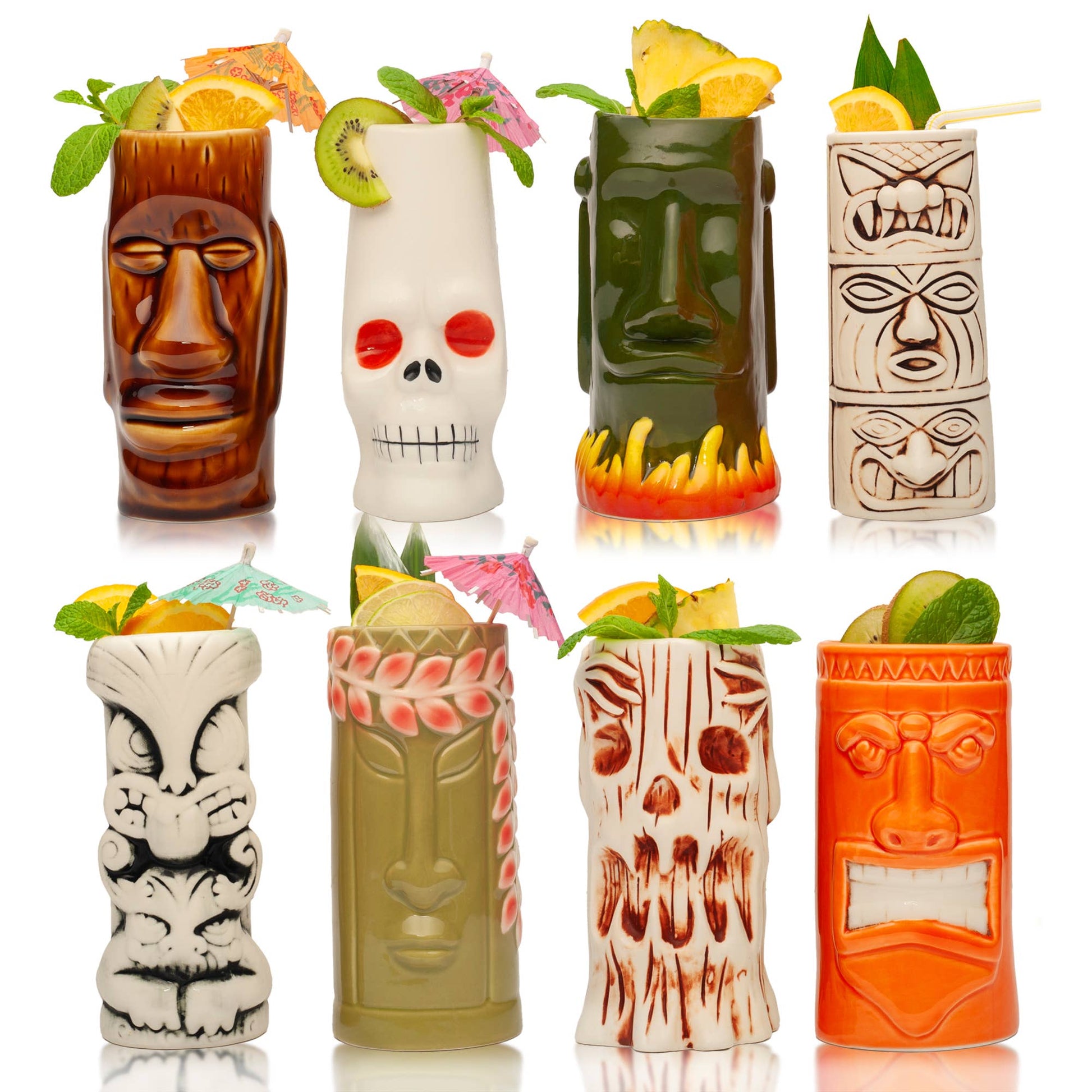 Set of tiki mugs with various designs and cocktails on a white background