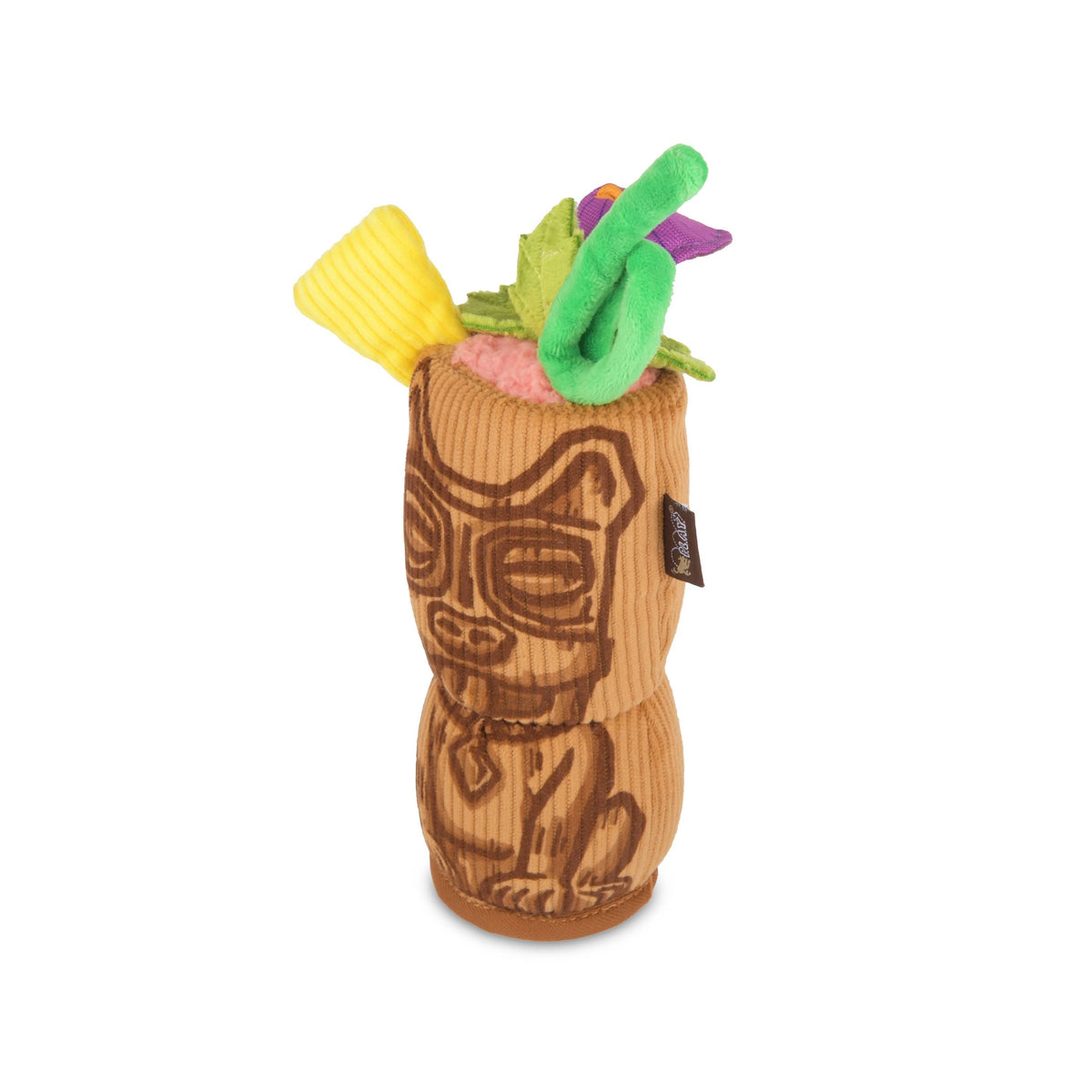 Wooden tiki mug plush toy with colorful accents on a white background